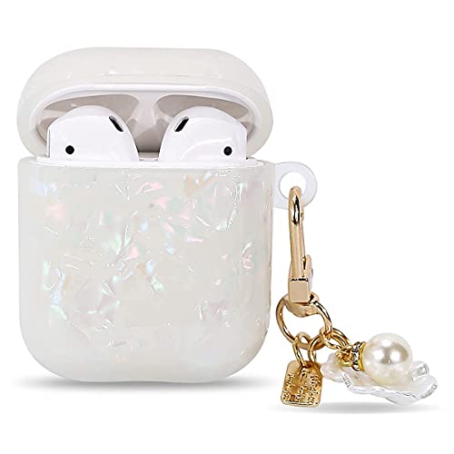 Manleno Compatible with Airpods Case Cover with Keychain Cute Shell Pearl Design Women Girls Soft Protective Case Glitter Bling Airpod Cases Replacement for Apple Airpods 2 1 (Iridescent)