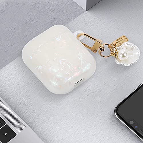 Manleno Compatible with Airpods Case Cover with Keychain Cute Shell Pearl Design Women Girls Soft Protective Case Glitter Bling Airpod Cases Replacement for Apple Airpods 2 1 (Iridescent)