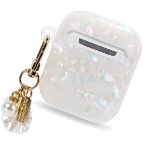 Manleno Compatible with Airpods Case Cover with Keychain Cute Shell Pearl Design Women Girls Soft Protective Case Glitter Bling Airpod Cases Replacement for Apple Airpods 2 1 (Iridescent)