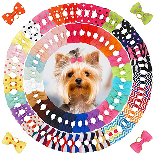 Yxiang 100PCS Dog Bows, Cute Dog Hair Bows Yorkie Puppy Bows with Rubber Band Pet Grooming Bows Colored Polka Dot Dog Hair Accessories for Small Dog - 50 Pairs