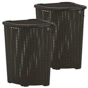(2 pack) corner laundry hamper baskets with lid 50 liter - brown wicker hamper, durable, lightweight bin with cutout handles - storage dirty cloths curved shape design fits bathroom