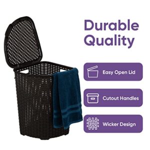 (2 pack) Corner Laundry Hamper Baskets with Lid 50 Liter - Brown Wicker Hamper, Durable, Lightweight Bin with Cutout Handles - Storage Dirty Cloths Curved Shape Design Fits Bathroom