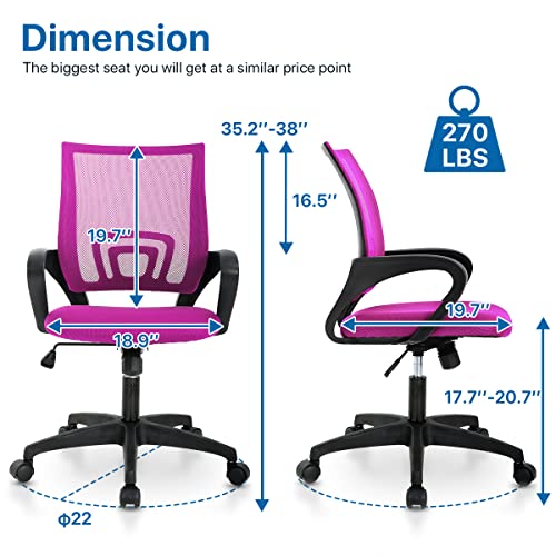 Hkeli Office Chair Mesh Ergonomic Task Chair Height Adjustable Mid Back Executive Chair Cheap Home Office Desk Chairs with Lumbar Support and Armrest (Pink)