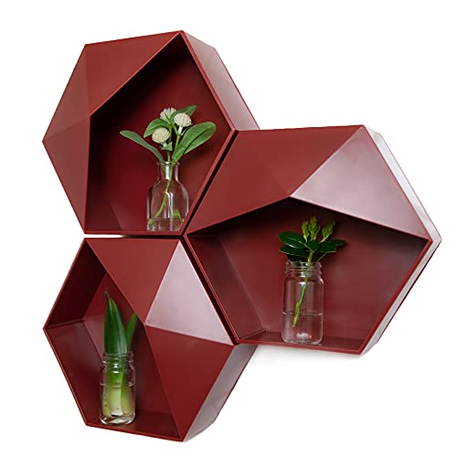 Casa Vibe Hexagon Floating Shelf, Red Hexagon Shelf, Modern Floating Shelf | Bathroom Hexagonal Shelf, Bathroom Organizer Shelf, Honeycomb Shelf, Octagon Shelf, Shower Wall Floating Caddy [Set of 3]