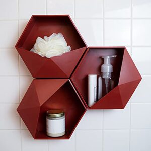 Casa Vibe Hexagon Floating Shelf, Red Hexagon Shelf, Modern Floating Shelf | Bathroom Hexagonal Shelf, Bathroom Organizer Shelf, Honeycomb Shelf, Octagon Shelf, Shower Wall Floating Caddy [Set of 3]