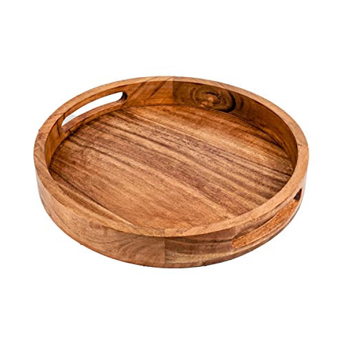 Samhita Round Serving Acacia Wooden Tray with Handles for Serving Beverages & Food on Bar Living Room Home Dining Table (12" x 12" x 1.6")