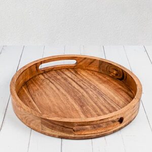 Samhita Round Serving Acacia Wooden Tray with Handles for Serving Beverages & Food on Bar Living Room Home Dining Table (12" x 12" x 1.6")