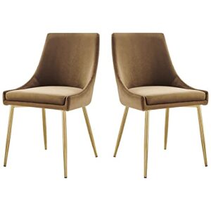 modway viscount performance velvet upholstered side dining chairs set of 2, gold cognac