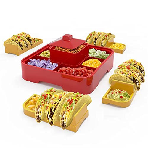 Taco Holder Stand, Taco Bar serving set 4 Plastic Burritos Nachos Tortilla Holders Stackable Taco plates for Party, Taco Night