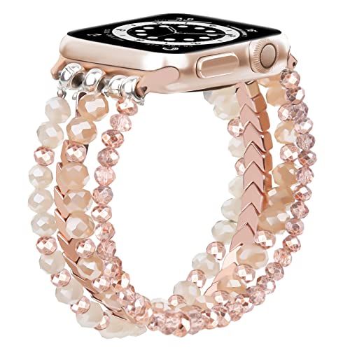 MOFREE Beaded Bracelet Compatible for Apple Watch Band 40mm/38mm/41mm Series 8/7/SE/6/5/4/3/2/1 Women Fashion Handmade Elastic Stretch Strap for iWatch Bands Replacement Rose Gold