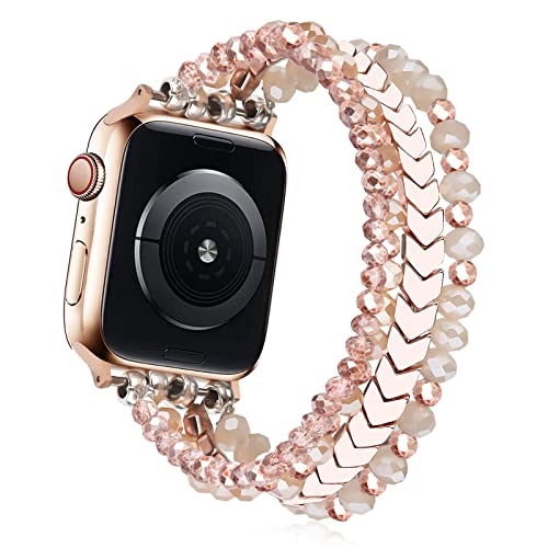 MOFREE Beaded Bracelet Compatible for Apple Watch Band 40mm/38mm/41mm Series 8/7/SE/6/5/4/3/2/1 Women Fashion Handmade Elastic Stretch Strap for iWatch Bands Replacement Rose Gold