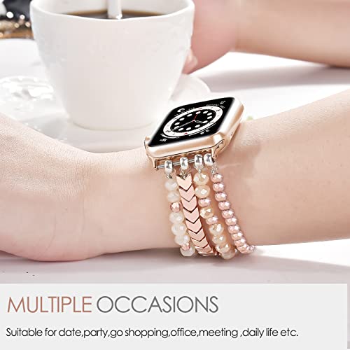 MOFREE Beaded Bracelet Compatible for Apple Watch Band 40mm/38mm/41mm Series 8/7/SE/6/5/4/3/2/1 Women Fashion Handmade Elastic Stretch Strap for iWatch Bands Replacement Rose Gold