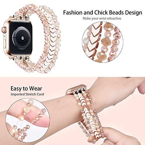 MOFREE Beaded Bracelet Compatible for Apple Watch Band 40mm/38mm/41mm Series 8/7/SE/6/5/4/3/2/1 Women Fashion Handmade Elastic Stretch Strap for iWatch Bands Replacement Rose Gold