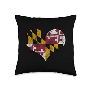 maryland home family mom dad boys girls youth gift vintage heart flag of maryland men women kids throw pillow, 16x16, multicolor