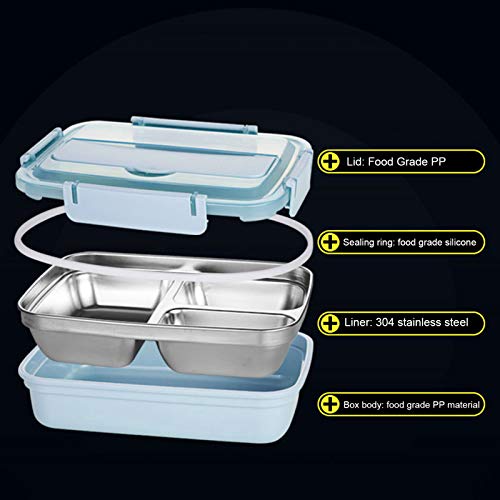 Raviga Stainless Steel Lunch Box 4 Compartments Portable Bento Box for Kids Student or Adult Food Storage Containers with Lids Airtight Soup Bowl & Tableware Large Capacity 50-oz(Blue)