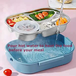 Raviga Stainless Steel Lunch Box 4 Compartments Portable Bento Box for Kids Student or Adult Food Storage Containers with Lids Airtight Soup Bowl & Tableware Large Capacity 50-oz(Blue)