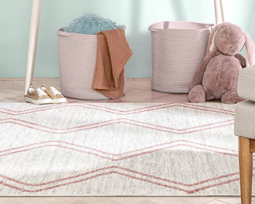 Well Woven Merri Pink Ivory Geometric Stripes Pattern Stain-Resistant Area Rug 5x7 (5'3" x 7'3")