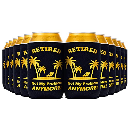 Crisky Retirement Gifts for Men & Women, 12 Pcs Beverage Can Coolers, Vacation Beer Sleeves for Retirement Party Decorations Favor, Retired Gift Ideas Insulated Drink Holder 12 Pack, Black & Gold