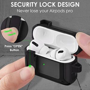 Filoto AirPods Pro Case, US Patent Secure Lock Shockproof Protective Apple Airpod Pro Cover Cool TPU Case for Air Pod Pro Wireless Charging Case with Carabiner Keychain Accessories (Black)