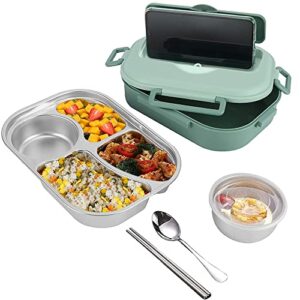 raviga stainless steel lunch box 4 compartments portable bento box for kids student or adult food storage containers with lids airtight soup bowl & tableware large capacity 50-oz(green)