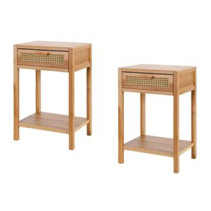 cozayh set of 2 modern minimalism nightstand end table side table with woven pattern drawer and shelf storage, rustic farmhouse style, natural