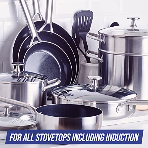 Blue Diamond Cookware Tri-Ply Stainless Steel Ceramic Nonstick, 15 Piece Cookware Pots and Pans Set, PFAS-Free, Multi Clad, Induction, Dishwasher Safe, Oven Safe, Silver