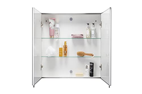 Croydex Finchley Double Door, Surface Mount Flexi-Fix Easy Hanging System Medicine Cabinet, 24 in (W) x 26 in (H) Stainless Steel