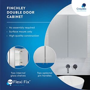 Croydex Finchley Double Door, Surface Mount Flexi-Fix Easy Hanging System Medicine Cabinet, 24 in (W) x 26 in (H) Stainless Steel