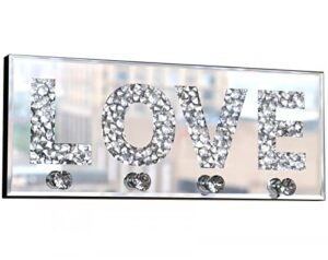 crush diamond mirrored love letter plaque sign for wall decor, crystal clear hooks key holder key hanger, silver mirror decoration wall art, wall mounted home decor 15"×5.9"×1.6"