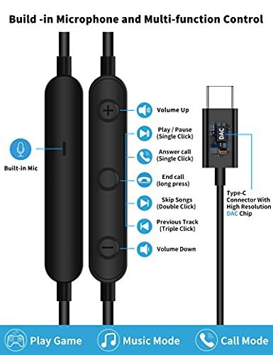 TITACUTE USB C Headphone for Samsung S23 S22 S21 S20 A53 A54 Wired Earbuds Magnetic in-Ear Type C Earphone with Microphone Volume Control Bass Stereo Noise Canceling Galaxy Z Flip Pixel 6 6a 7 OnePlus