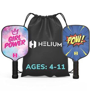 helium pickleball paddle for kids – (2 pack - pow! and girl power) child size, lightweight honeycomb core, graphite strike face, premium comfort grip, 2 pickleball paddles & 2 drawstring bags
