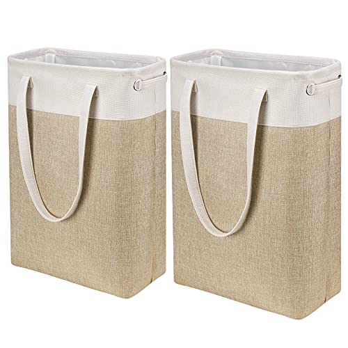 Laundry Hampers Tall Slim Laundry Baskets Thin Foldable Clothes Hamper Narrow Hamper for Laundry Storage Organizer Collapsible Hamper Laundry with White and Brown Imitated Burlap Patchwork,QY-SC24-2