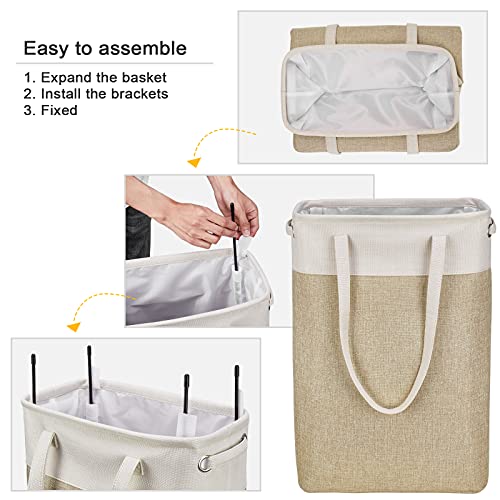 Laundry Hampers Tall Slim Laundry Baskets Thin Foldable Clothes Hamper Narrow Hamper for Laundry Storage Organizer Collapsible Hamper Laundry with White and Brown Imitated Burlap Patchwork,QY-SC24-2