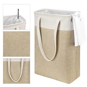 Laundry Hampers Tall Slim Laundry Baskets Thin Foldable Clothes Hamper Narrow Hamper for Laundry Storage Organizer Collapsible Hamper Laundry with White and Brown Imitated Burlap Patchwork,QY-SC24-2