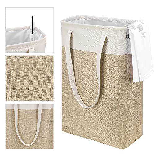 Laundry Hampers Tall Slim Laundry Baskets Thin Foldable Clothes Hamper Narrow Hamper for Laundry Storage Organizer Collapsible Hamper Laundry with White and Brown Imitated Burlap Patchwork,QY-SC24-2