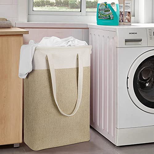 Laundry Hampers Tall Slim Laundry Baskets Thin Foldable Clothes Hamper Narrow Hamper for Laundry Storage Organizer Collapsible Hamper Laundry with White and Brown Imitated Burlap Patchwork,QY-SC24-2