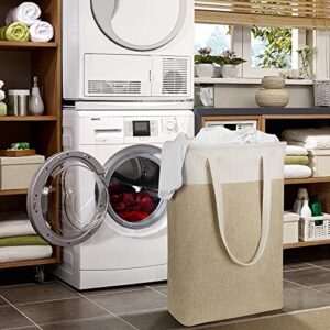 Laundry Hampers Tall Slim Laundry Baskets Thin Foldable Clothes Hamper Narrow Hamper for Laundry Storage Organizer Collapsible Hamper Laundry with White and Brown Imitated Burlap Patchwork,QY-SC24-2