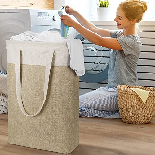 Laundry Hampers Tall Slim Laundry Baskets Thin Foldable Clothes Hamper Narrow Hamper for Laundry Storage Organizer Collapsible Hamper Laundry with White and Brown Imitated Burlap Patchwork,QY-SC24-2