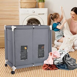 2-Tier Laundry Hamper 110L Large Oxford Clothes Basket Sorter with Rolling Wheels, Lid and Sorting Cards for Clothes & Toys Storage, Grey HG615