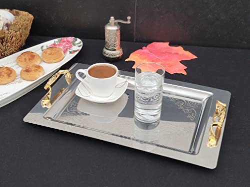 Candymosa Silver Serving Tray with Handles (14”x9”) - Stainless Steel Serving Tray for Drinks and Food - Silver Tray Decorative - Ideal as a Coffee Tray, Bar Tray, Silver Platter or Turkish Tray