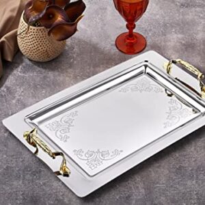 Candymosa Silver Serving Tray with Handles (14”x9”) - Stainless Steel Serving Tray for Drinks and Food - Silver Tray Decorative - Ideal as a Coffee Tray, Bar Tray, Silver Platter or Turkish Tray