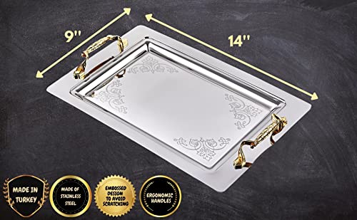 Candymosa Silver Serving Tray with Handles (14”x9”) - Stainless Steel Serving Tray for Drinks and Food - Silver Tray Decorative - Ideal as a Coffee Tray, Bar Tray, Silver Platter or Turkish Tray