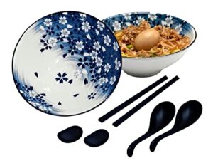 ceramic ramen bowl set - 8 piece- large white 40 oz japanese ramen bowls, spoons, chopsticks and chopstick stands for udon noodles, miso soup, cereal, pasta, pho and salad serving set of 2 blue