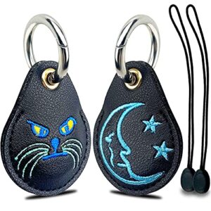 airtag leather holder with keychain, 2 pack waterproof full protective cover, airtags enclosed case, apple tracker enclosure accessories, air tag mate case with embroidery pattern (cat & moon)