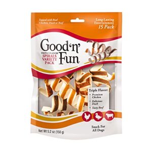 good ‘n’ fun triple flavor spirals variety pack, 15 count, rawhide chews for dogs, 3 savory flavors
