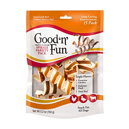 Good ‘n’ Fun Triple Flavor Spirals Variety Pack, 15 Count, Rawhide Chews for Dogs, 3 Savory Flavors