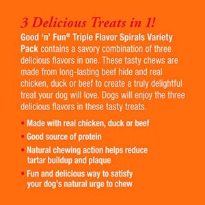 Good ‘n’ Fun Triple Flavor Spirals Variety Pack, 15 Count, Rawhide Chews for Dogs, 3 Savory Flavors