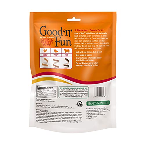 Good ‘n’ Fun Triple Flavor Spirals Variety Pack, 15 Count, Rawhide Chews for Dogs, 3 Savory Flavors