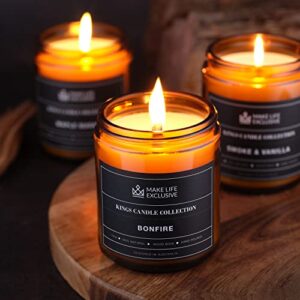 Scented Candles for Men | Bonfire, Mahogany & Teakwood Scented | Wood Wick, Long Lasting, Masculine Scents | Natural Soy Jar Candle for Home, Mancave & Bachelor Pad | The Perfect Mens Gift.