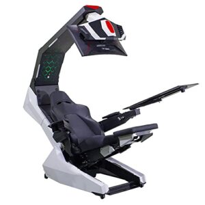 imperatorworks r1 pro white computer workstation with massage pu racing gaming chair and speakers and support 3 monitors zero gravity cockpit